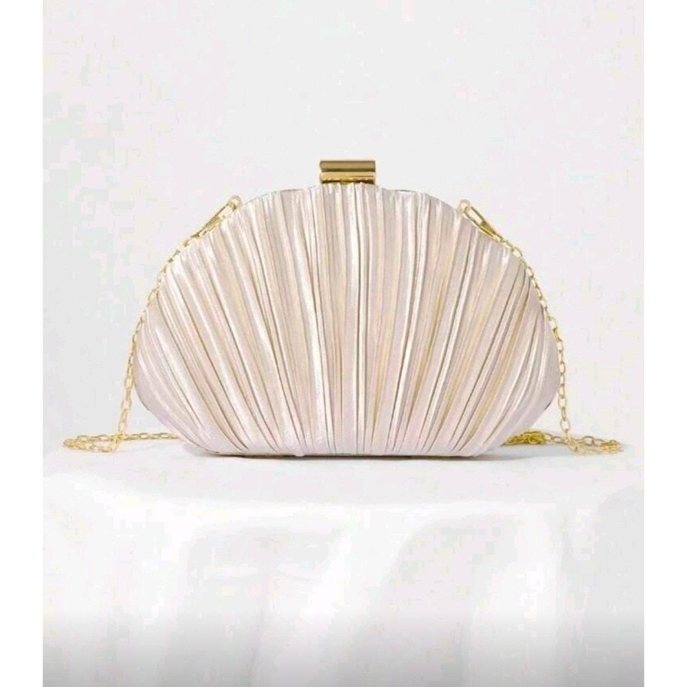 Elegant Pleated Shell Clutch Evening Handbag Gold Chain Strap